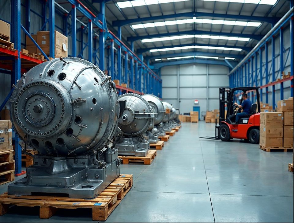 Large machinery components and metal parts on wooden pallets with a forklift in a spacious warehouse