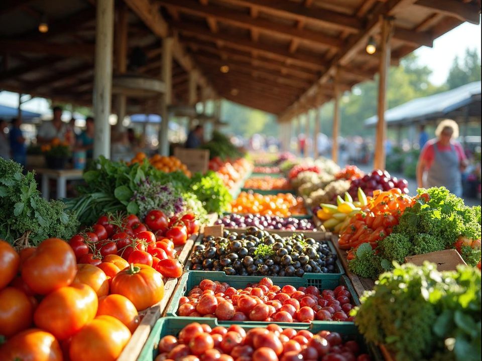 Open-air farmers market pavilion with produce stands and shoppers on a bright Saturday morning in Merriam, Kansas