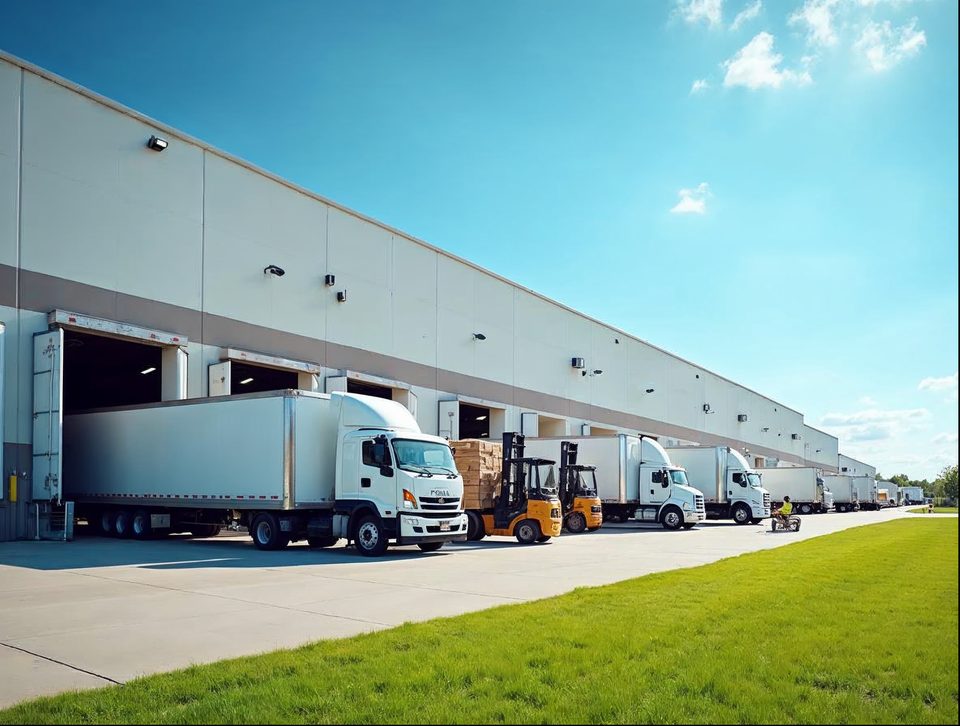 Semi trucks backed up to the loading doors of a big distribution building on a sunny day