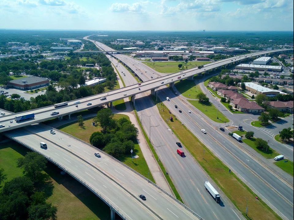Wide suburban shopping district with parking lots, green trees and a busy freeway interchange in Mesquite, Texas