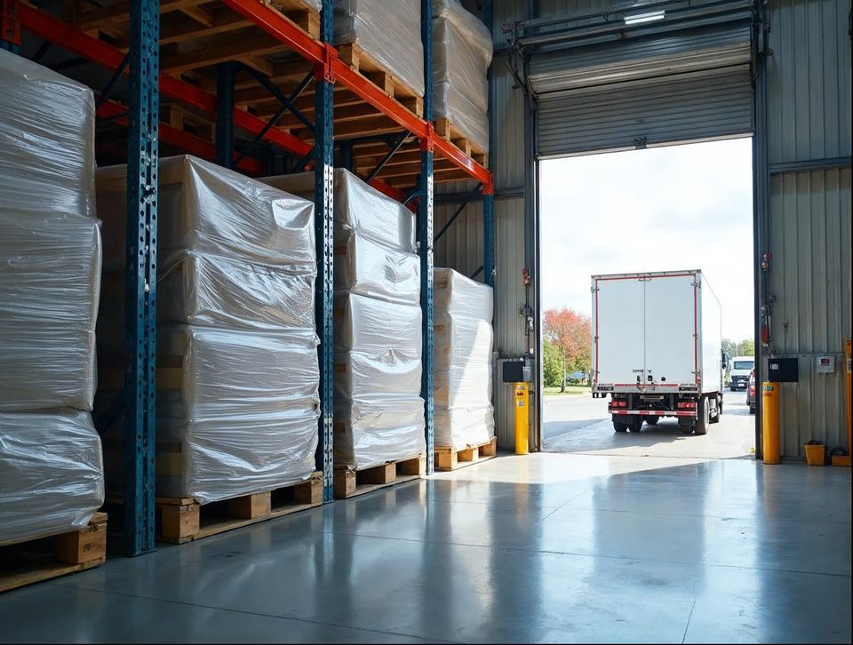 Pallets in clear wrap on steel racking, with a truck backed to a raised dock door inside a bright building