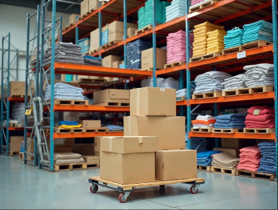 Colorful boxes of consumer goods and folded apparel on warehouse shelves in a clean building