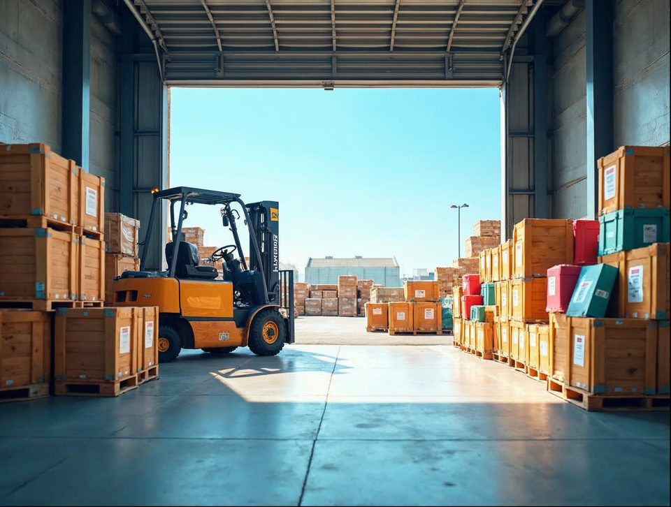 Crates, display kits and boxes of promotional giveaways stacked on pallets in a large bright storage area