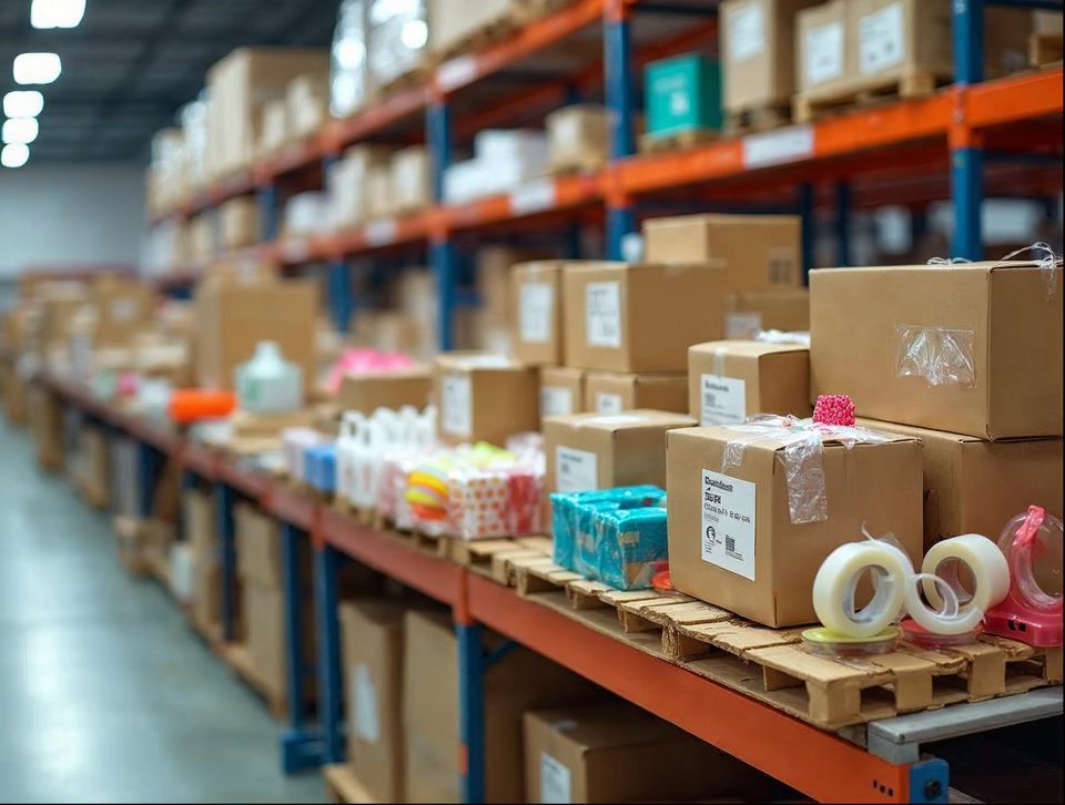 Packing bench with brown shipping boxes, tape and colorful consumer products being prepared for parcel carriers