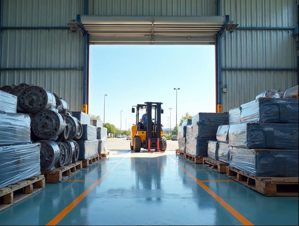 Large metal machine parts stacked on pallets beside a forklift inside a tidy, sunlit storage building