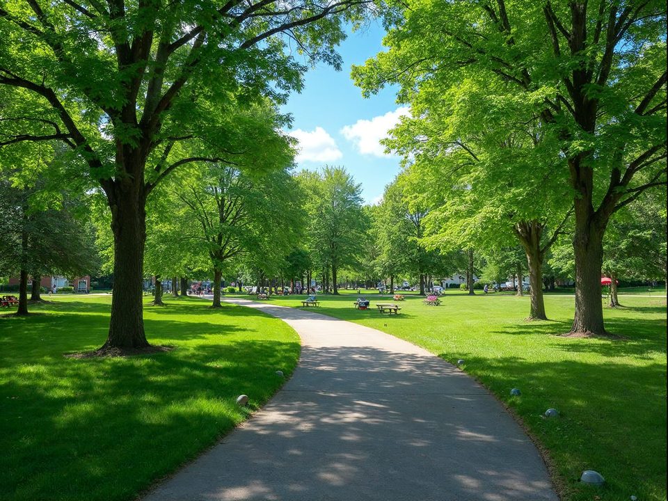 Sunny city park with a paved trail, mature trees and a small summer concert lawn near Mission, Kansas