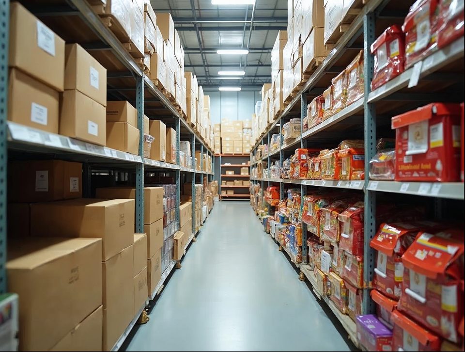 Orderly shelves of boxed retail goods and seasonal displays in a bright, clean stockroom