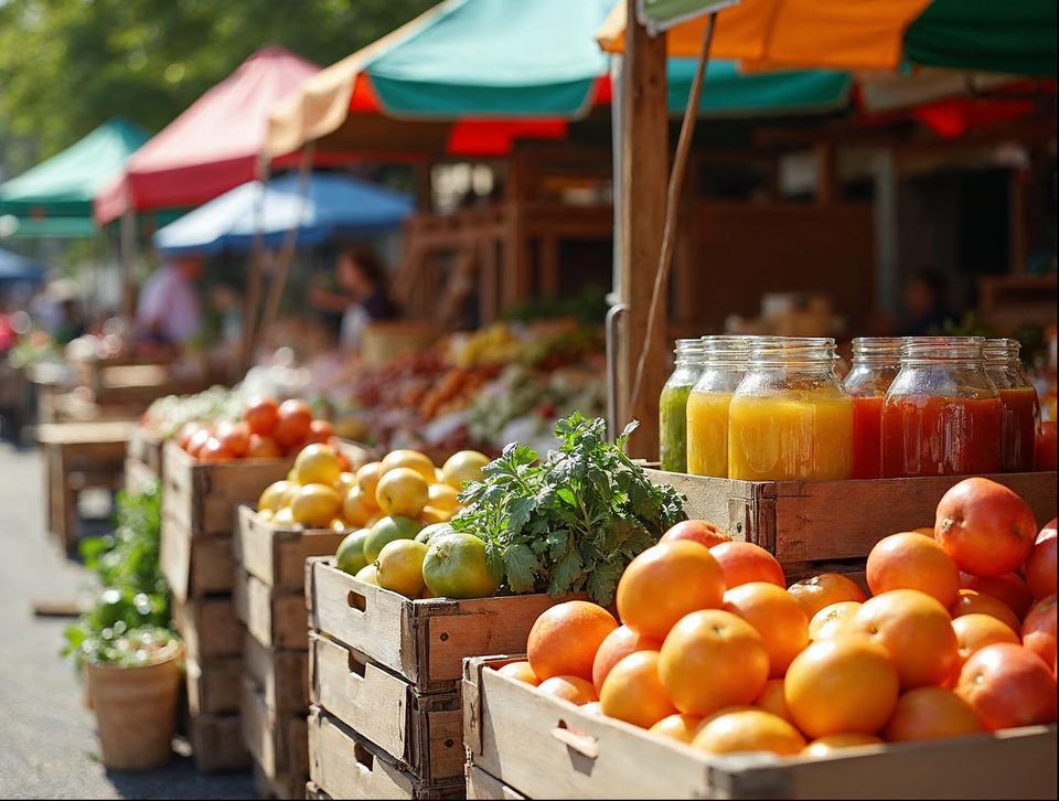 Crates of jars, fresh produce boxes and packaged goods stacked beside colorful market tents