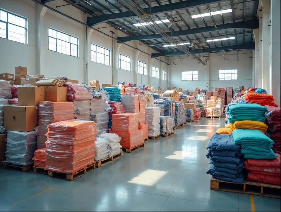 Rolls of paper, boxed apparel and promotional items staged on pallets inside a bright warehouse