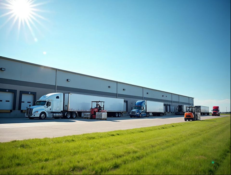 Several trucks parked at the loading bays of a large distribution center under a cloudless sky