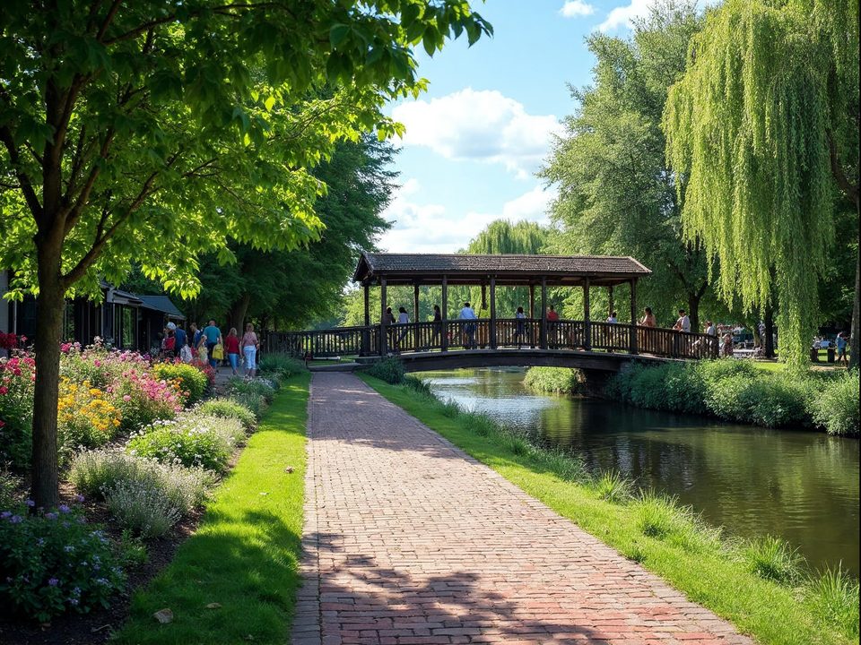 Footbridge and landscaped paths along the Naperville Riverwalk beside the DuPage River on a bright summer day