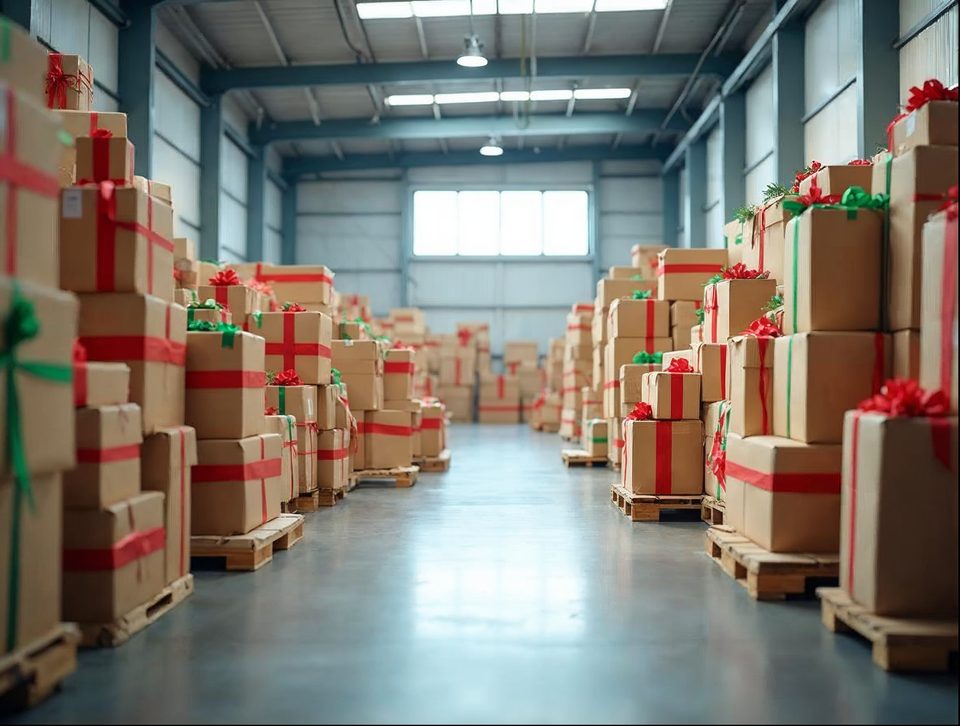 Stacked holiday gift boxes and cartons on wooden pallets inside a warehouse with colorful ribbons