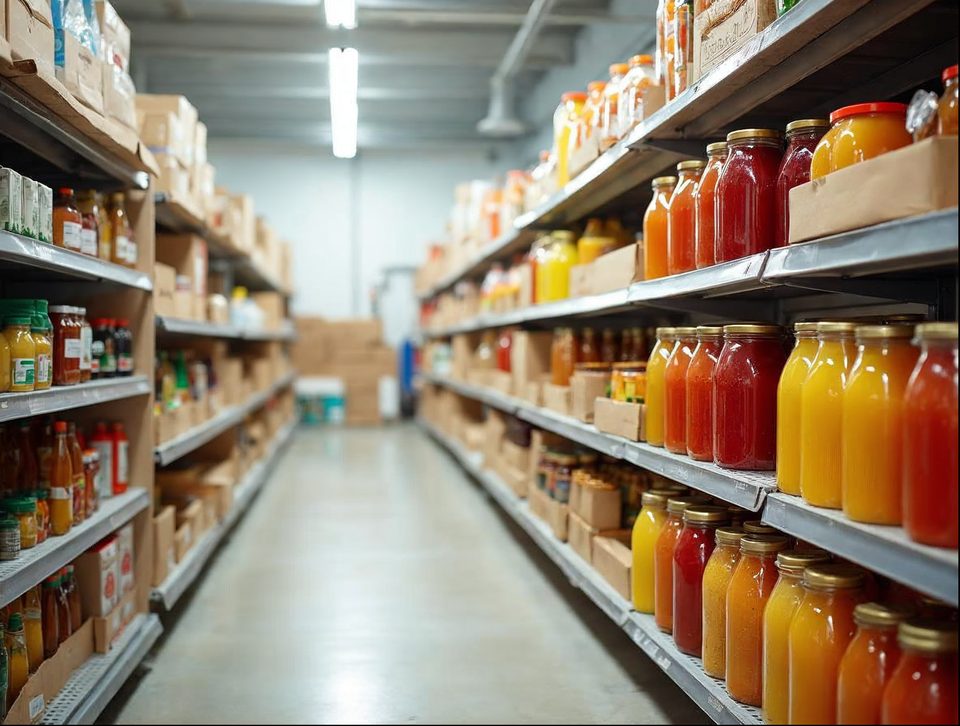 Shelves of colorful packaged groceries and boxed natural foods in a clean bright storage area
