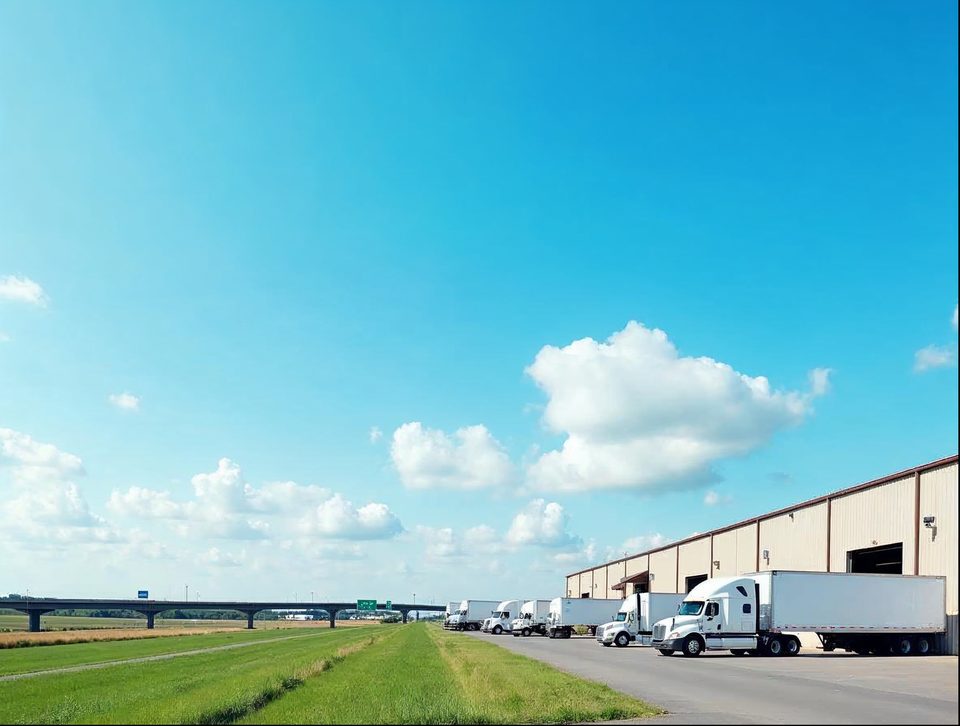 Semi trucks lined up at a loading dock on a sunny day with a highway in the background