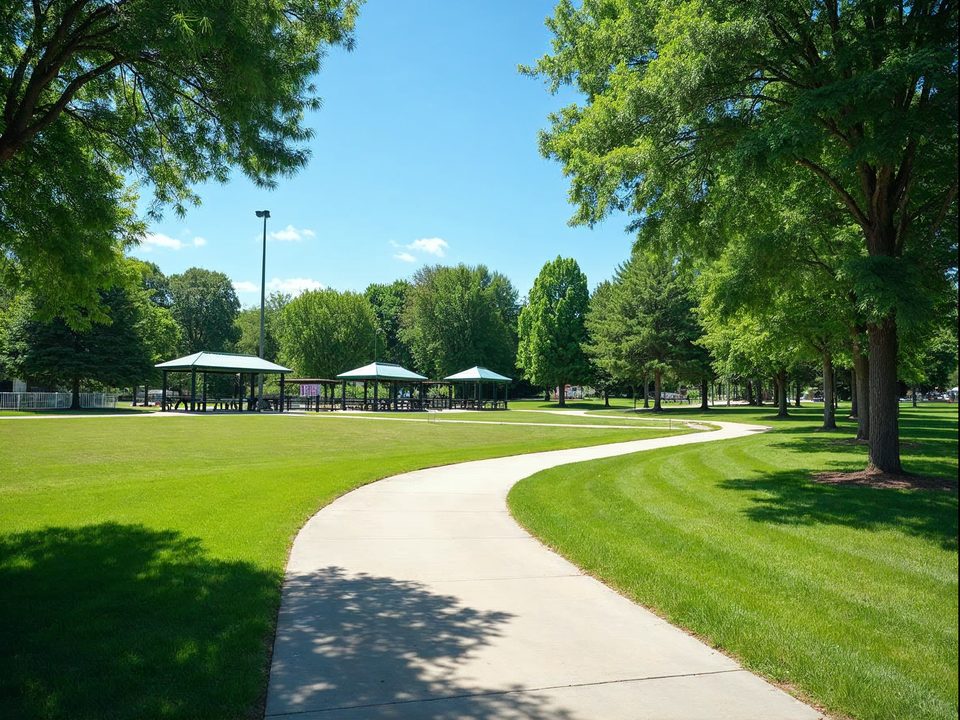 Landscaped city park with a paved walking loop, ball fields and tall shade trees on a bright summer afternoon