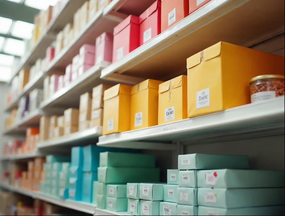 Colorful boxes of boutique merchandise and packaged food goods stacked neatly on shelves in a storage room