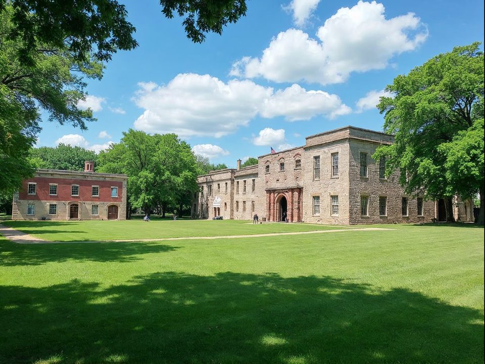 Stone buildings and green lawns on a historic fort parade ground in North Omaha, Nebraska, on a sunny day
