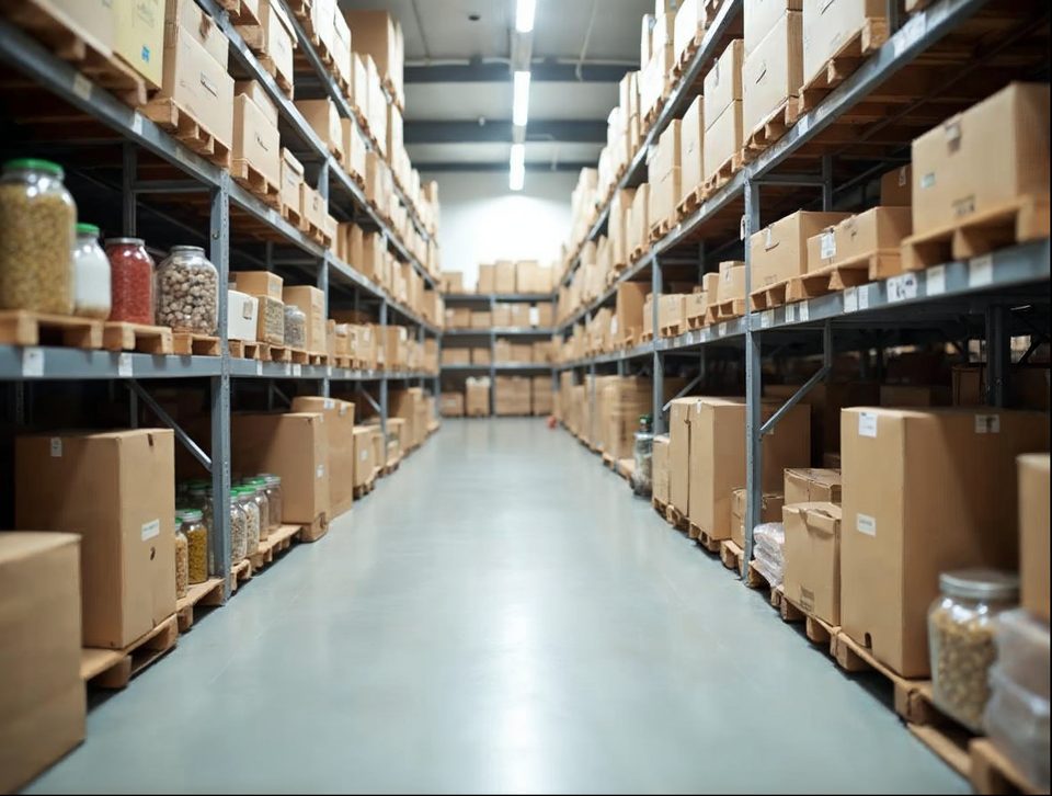 Clean racks of boxed grocery and natural food products in a bright temperature-controlled storage room