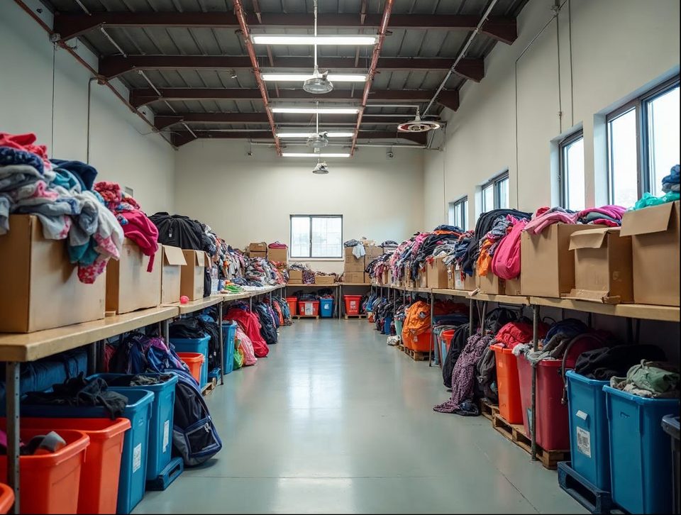 Tables with boxes of donated clothing and school supplies sorted in a bright warehouse