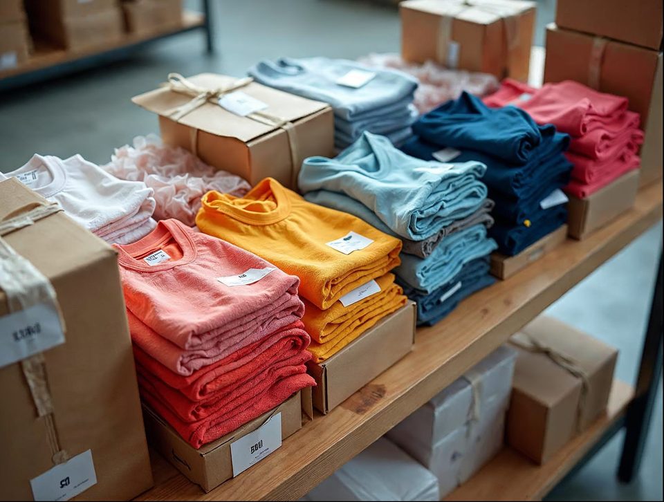 Folded apparel, small boxed goods and brown shipping cartons at a bright packing bench in a warehouse