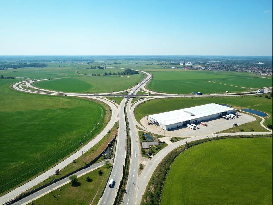 Rolling green Missouri hills with a highway interchange and distribution buildings north of Kansas City on a bright day