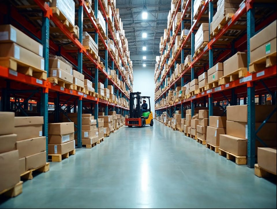 Organized steel racks holding crated automotive parts and cardboard cartons inside a bright, clean storage building