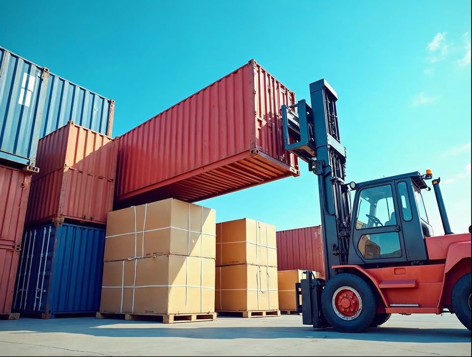 Cargo containers and pallets of boxed goods being unloaded at a busy freight dock under a bright blue sky