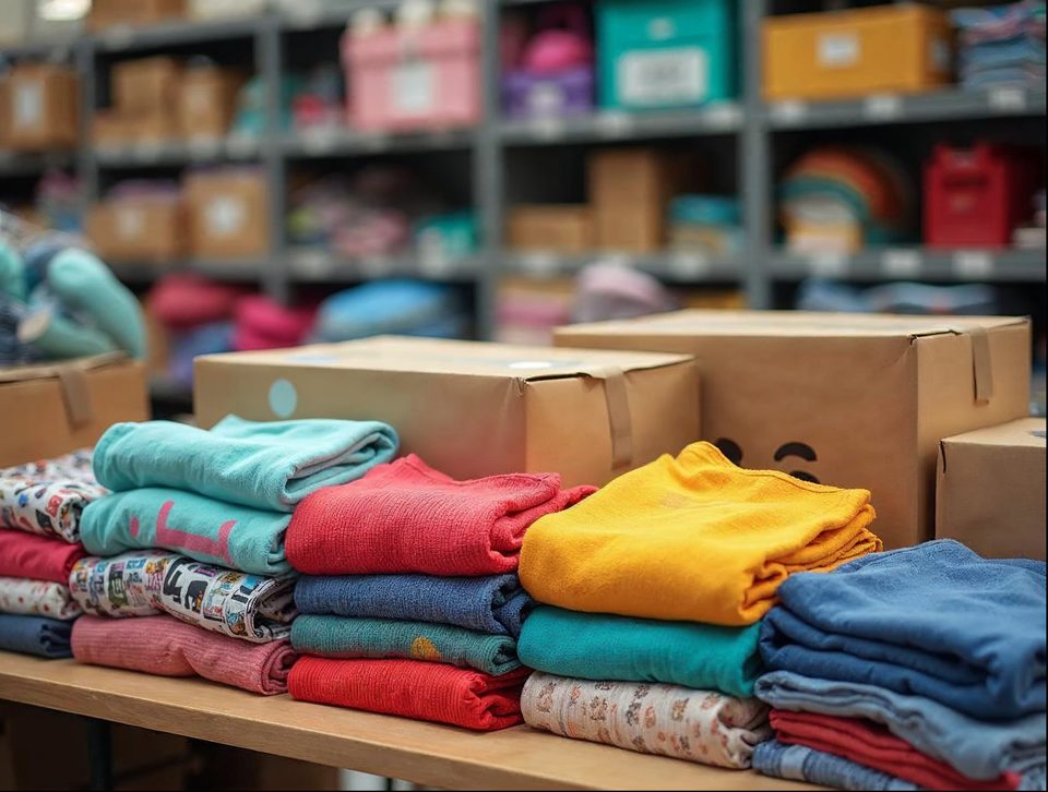 Colorful packed parcels and apparel on a packing table inside a bright fulfillment area