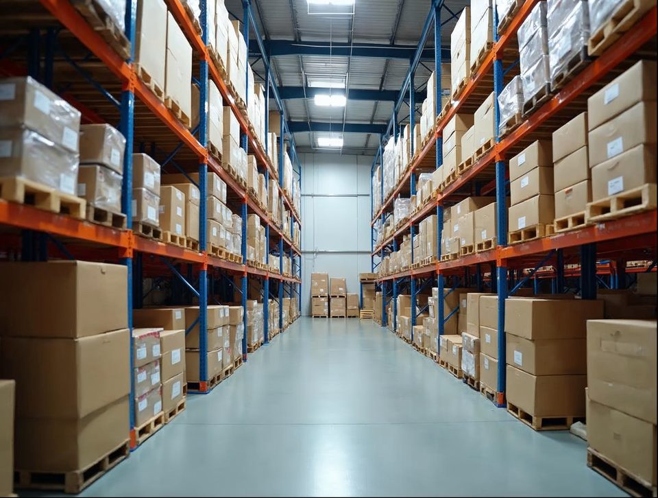 Spotless chilled room where pallets of packaged pantry goods rest on tall blue shelving