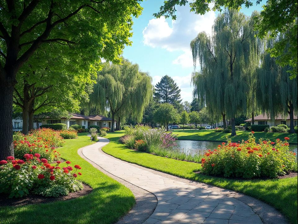 Landscaped village green and park path in Oak Lawn, Illinois on a sunny summer morning with flowers in bloom