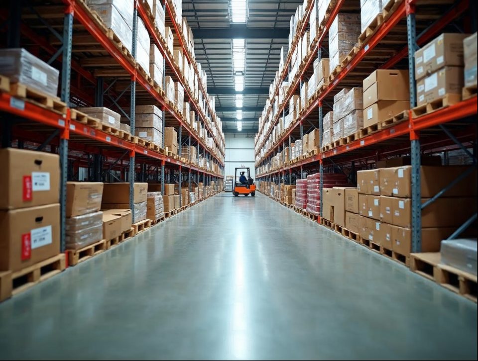 Two rows of pallet racks in a bright warehouse with a map-like grid of aisles seen from above