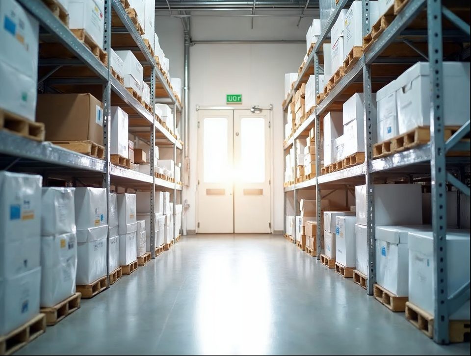 Neat shelves of white supply boxes and sealed cartons in a clean, well-lit storage room
