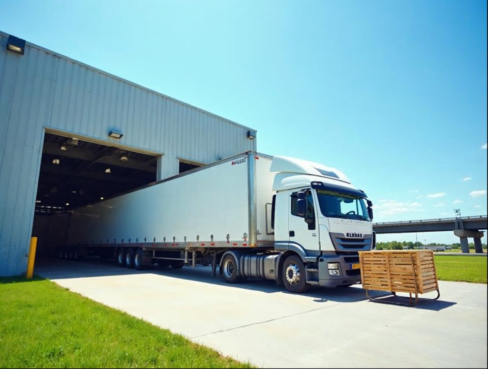 Large semi truck docked at a loading bay with a forklift moving a heavy crate in bright daylight
