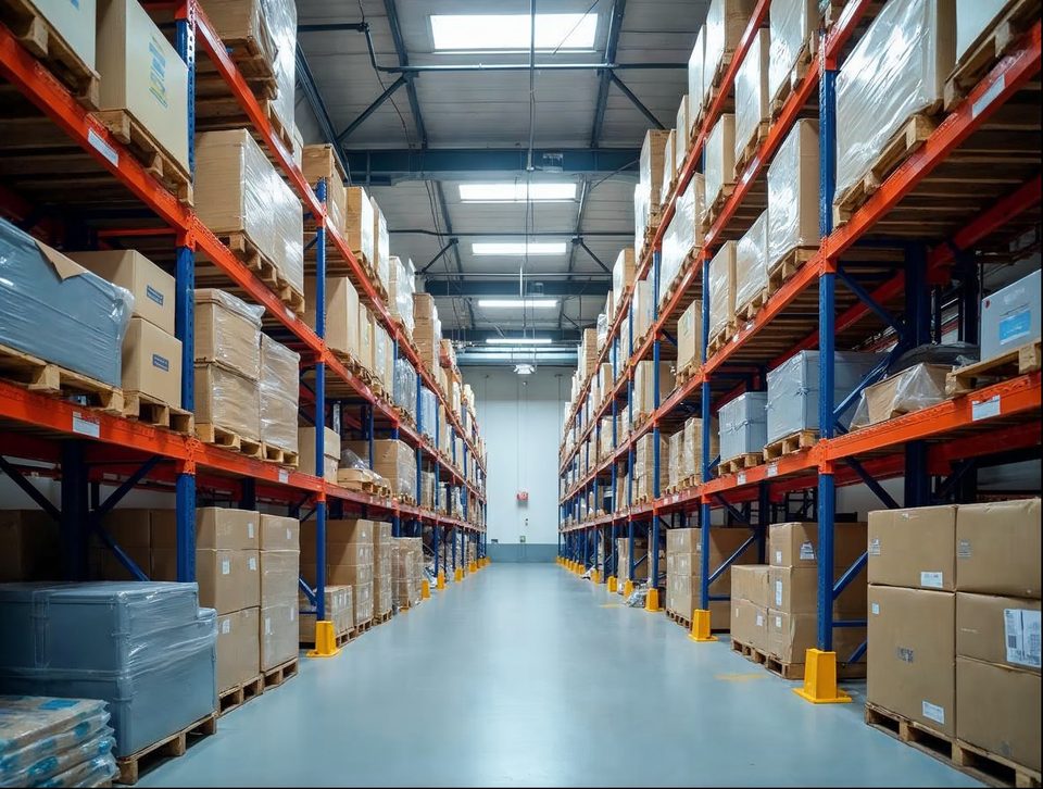 Secure organized storage racks holding crated equipment, sealed cases and cartons inside a bright clean building