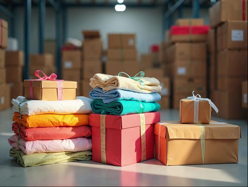 Packing station with colorful gift boxes, tissue paper and brown shipping cartons ready for parcel shipment
