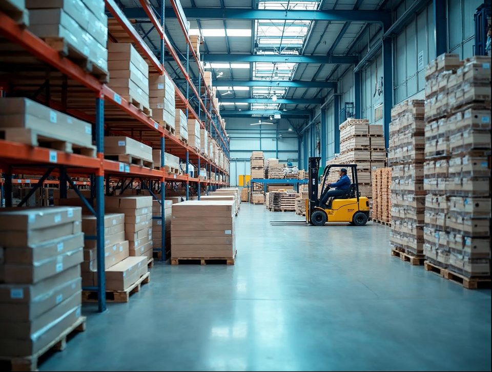 Tall racks with pallets of boxed tile, fixtures and construction supplies inside a bright storage hall