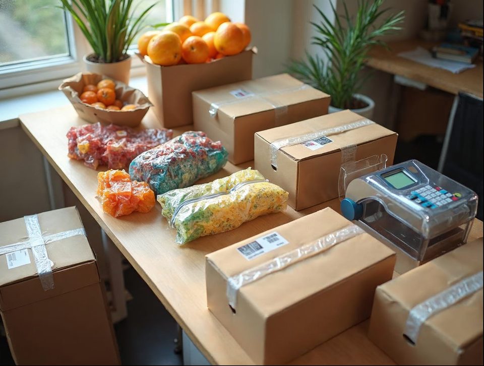 Bench stacked with brown shipping cartons, rolls of labels and bright consumer goods waiting to be parcel-shipped