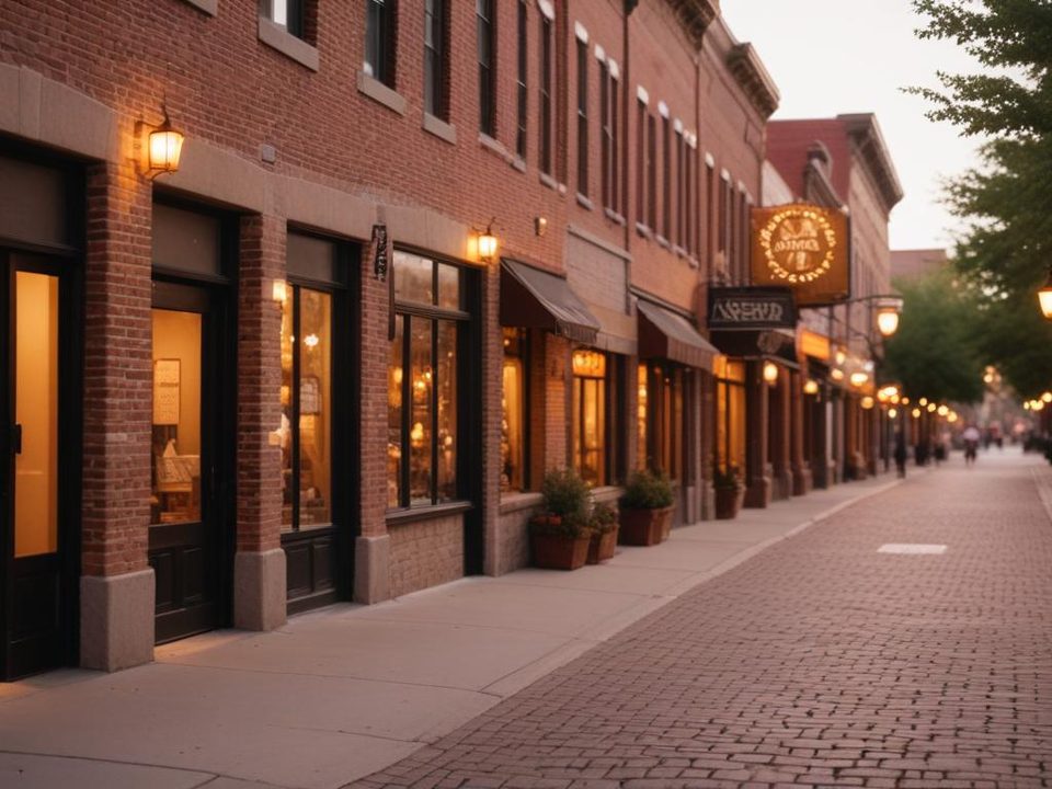 Lantern-lit brick storefronts along a cobblestone street in Omaha's Old Market district