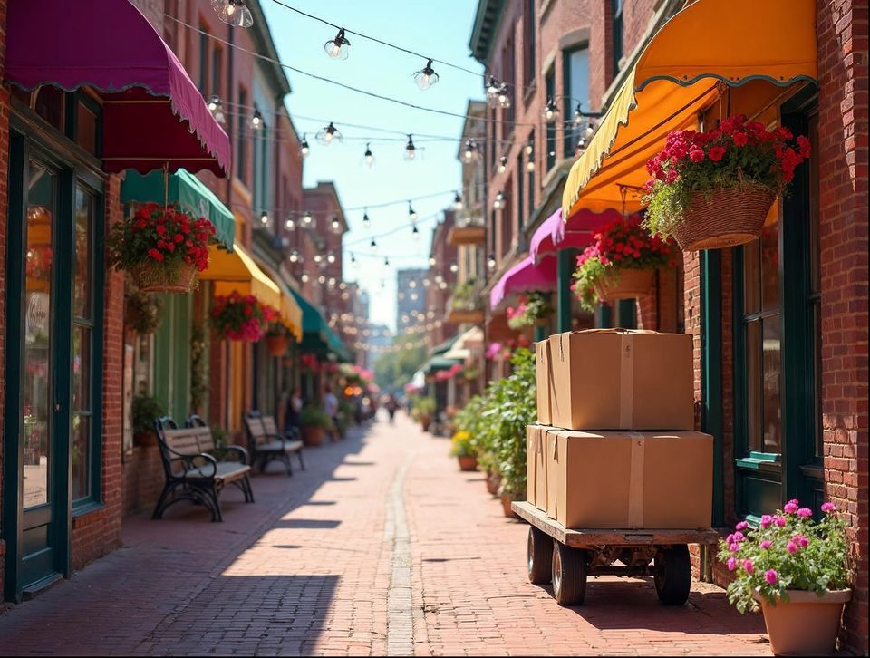 Worker pushing a hand truck of cartons past colorful brick storefronts on a historic street