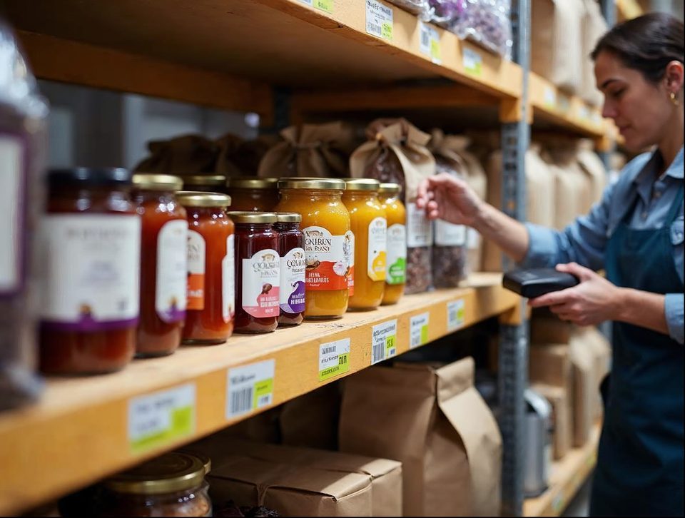 Worker scanning jars and coffee bags on a shelf with a handheld scanner