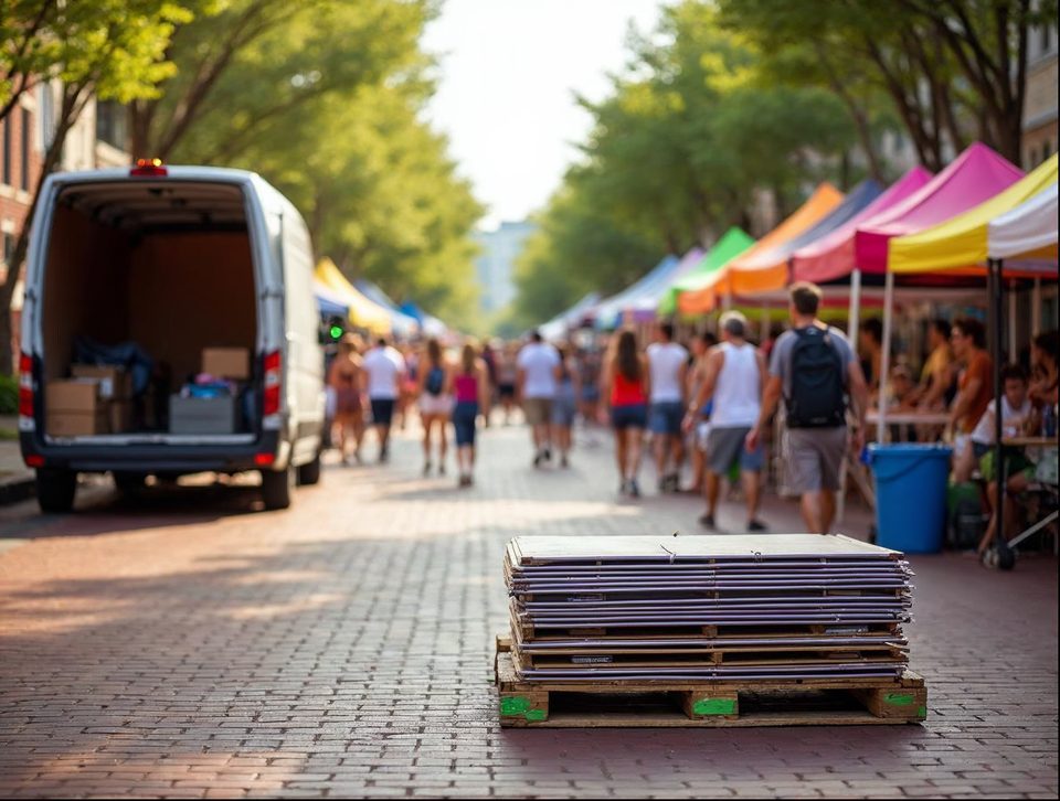 Delivery van unloading boxes beside festival tents on a sunny day