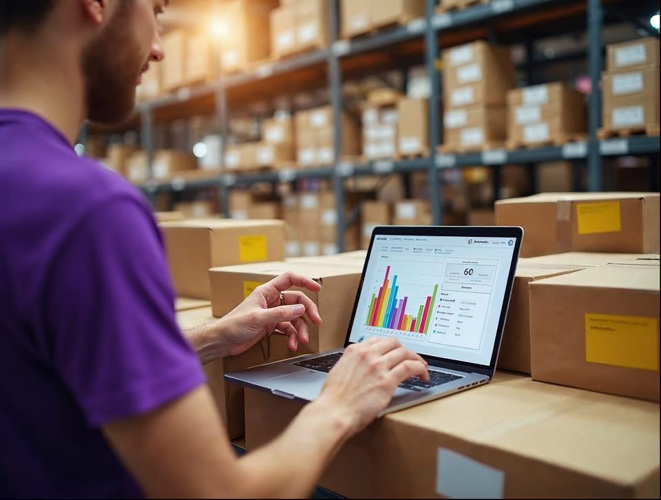 Packer in a purple shirt at a packing bench with an order dashboard on a screen