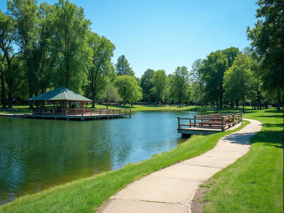 Lakeside park with a walking path, picnic lawn and a wooden pavilion in Orland Park, Illinois on a sunny day