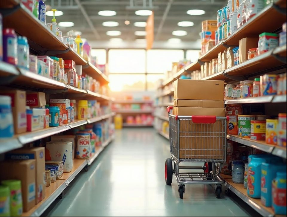 Retail store shelves being restocked with colorful merchandise from brown cartons on a sunny shopping street