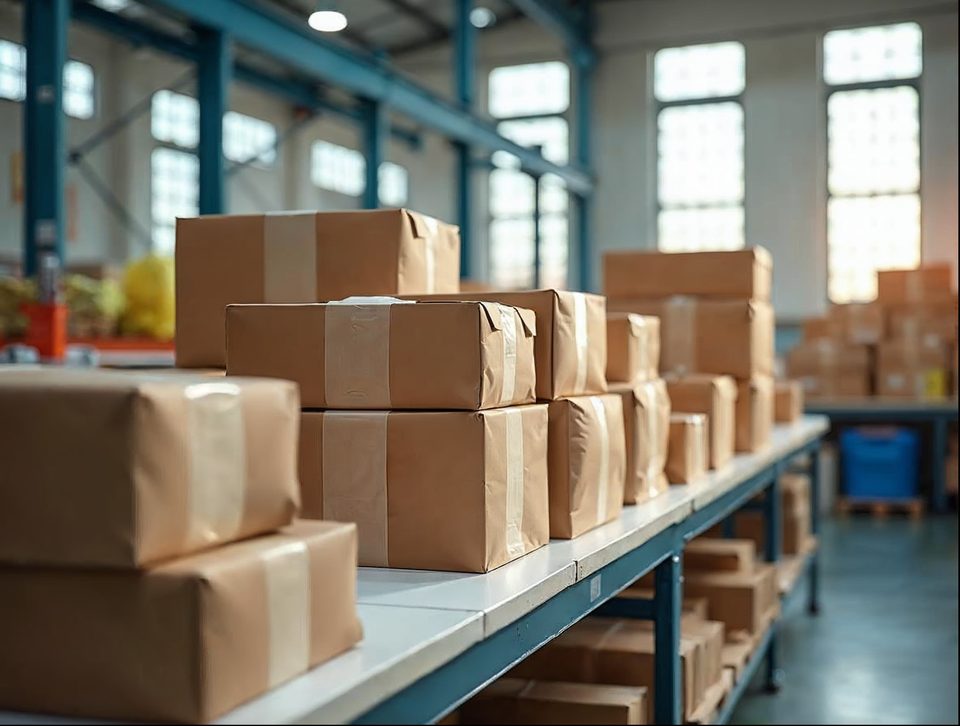 Parcels with packing tape and shipping labels lined up on a bench beside open boxes in a bright warehouse