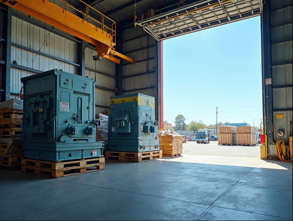 Heavy industrial equipment on pallets and a crane hoist near a wide dock door in bright daylight
