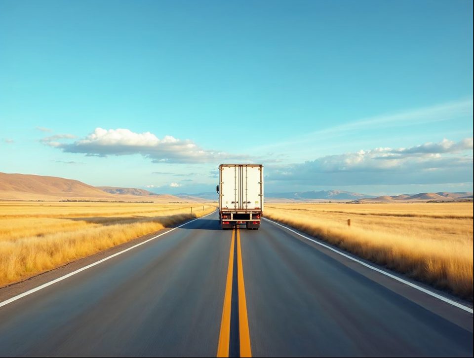 Semi trailer on an open highway heading west toward mountains under a clear blue sky