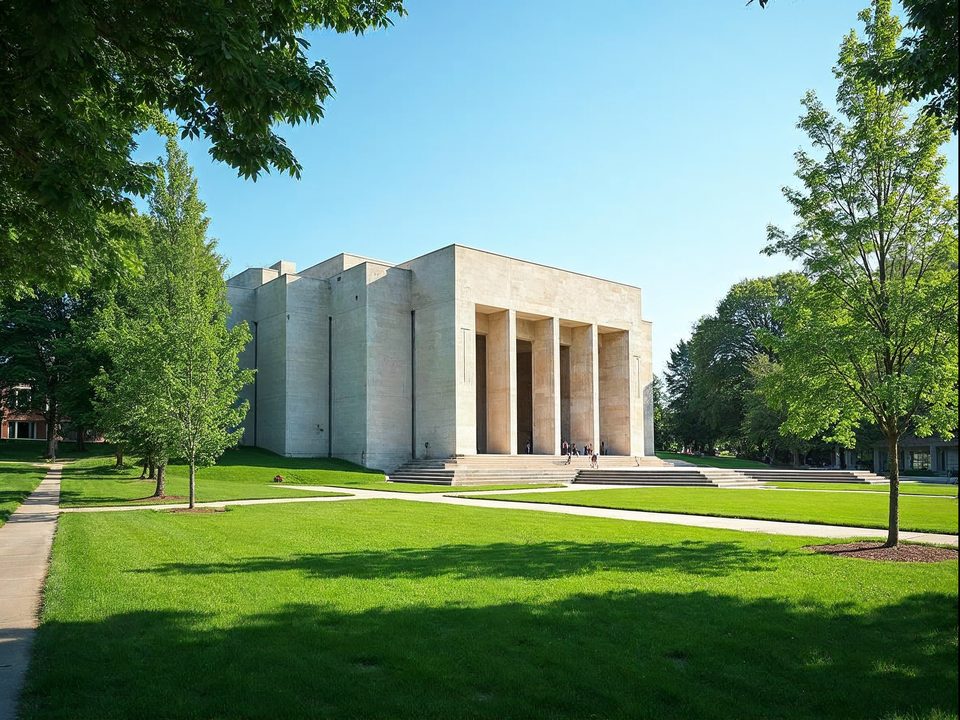 Modern campus building with a wide green lawn and trees on a community college campus in Overland Park, Kansas under a bright sky
