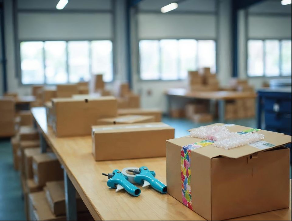 Packing bench with cardboard cartons, tape and colorful products ready for parcel shipping in a bright building