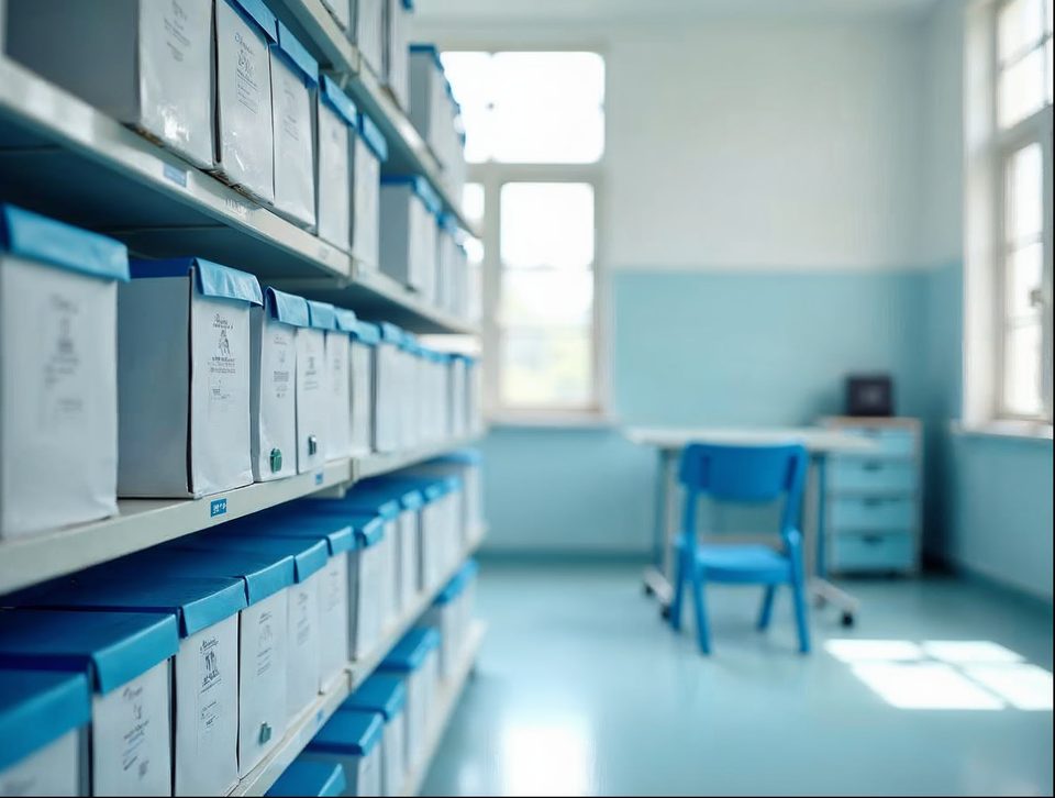 Neatly arranged shelves of boxed medical and classroom supplies in a bright clean storage room